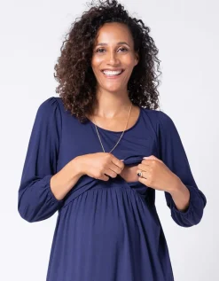 Online Seraphine Dunkelblaues Volant Umstands- & Stillkleid