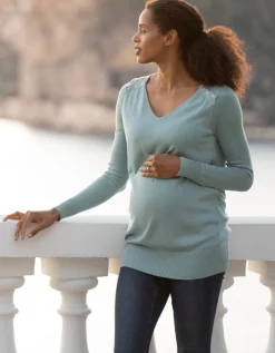 Sale Seraphine Salbeigruner Feinstrick-V-Ausschnitt Umstands- Und Stillpullover