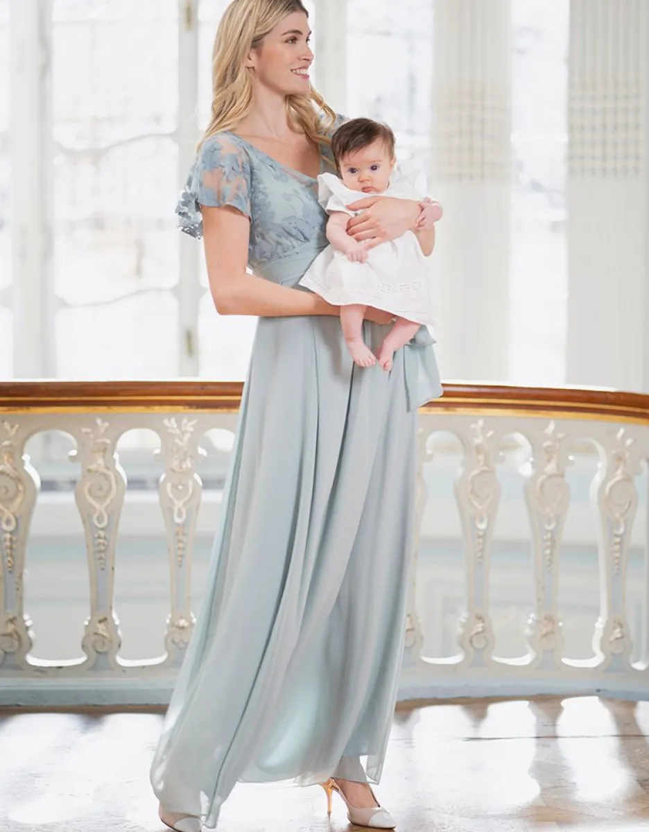 New Seraphine Salbeigrunes Maxikleid Aus Spitze Und Seidenchiffon Fur Umstands- Und Stillanlasse