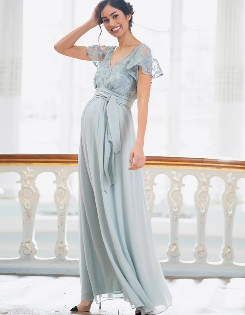 New Seraphine Salbeigrunes Maxikleid Aus Spitze Und Seidenchiffon Fur Umstands- Und Stillanlasse