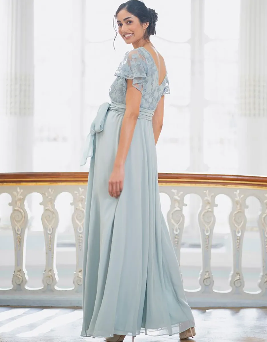 New Seraphine Salbeigrunes Maxikleid Aus Spitze Und Seidenchiffon Fur Umstands- Und Stillanlasse