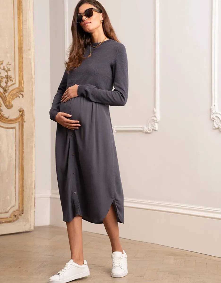 New Seraphine Schiefergraues Still- & Umstandsmidikleid