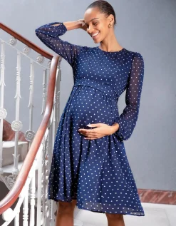 Online Seraphine Umstands- Und Stillkleid Aus Marineblauem Und Weisem Punkt-Chiffon