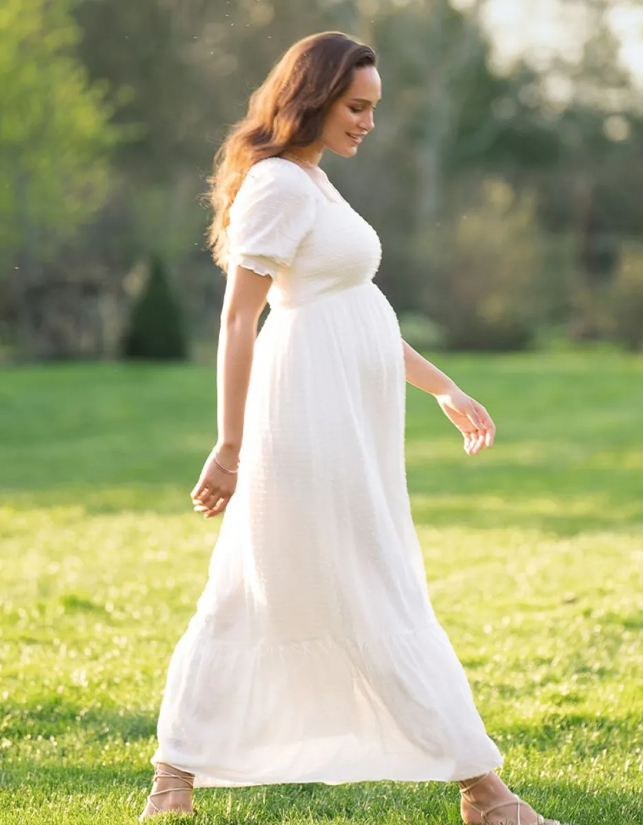 Fashion Seraphine Weises Gesmocktes Maxi Umstandskleid