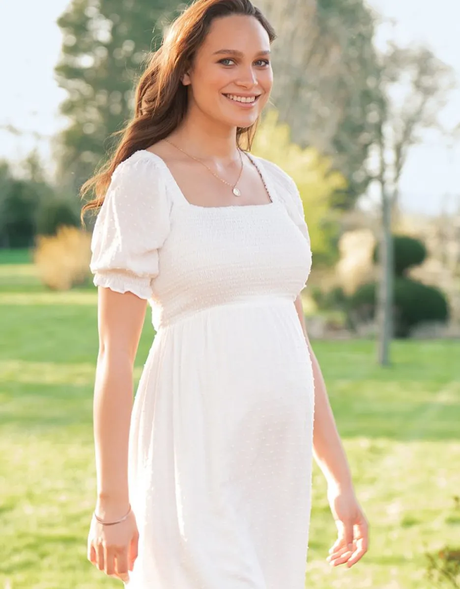 Fashion Seraphine Weises Gesmocktes Maxi Umstandskleid